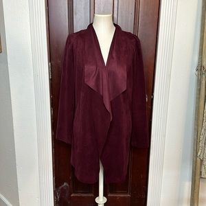 Chicos, faux suede draped longline open front burgundy wine  jacket